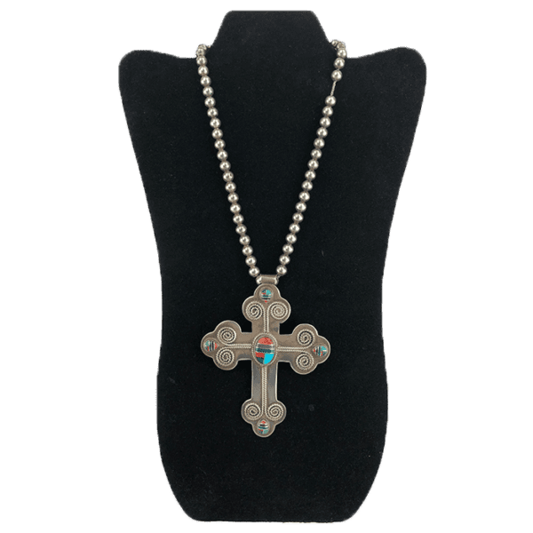 J. Wright Navajo Large Sterling Silver Cross with Stone Insets