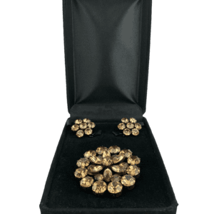 Vintage Signed Weiss Amber Rhinestone Copper Brooch & Earring Set