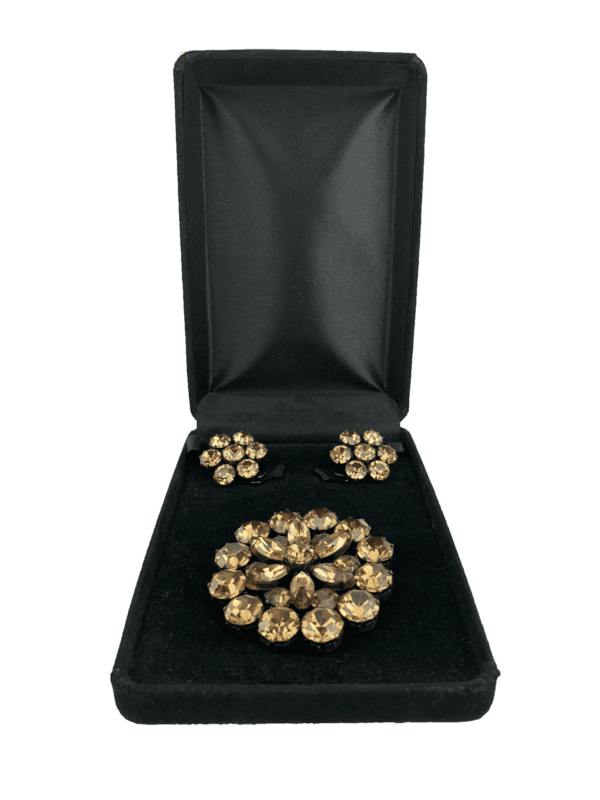Vintage Signed Weiss Amber Rhinestone Copper Brooch & Earring Set