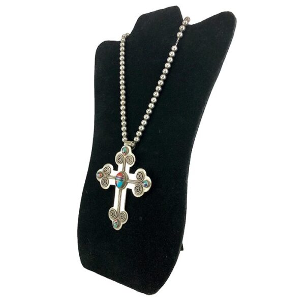 J. Wright Navajo Large Sterling Silver Cross with Stone Insets