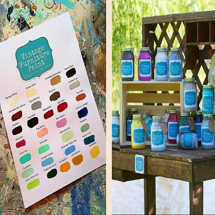 Furniture Painting 101. Left side features a color chart of Vintage Furniture brand paint. Right Side features jars of Vintage Paint displayed on a wooden bench
