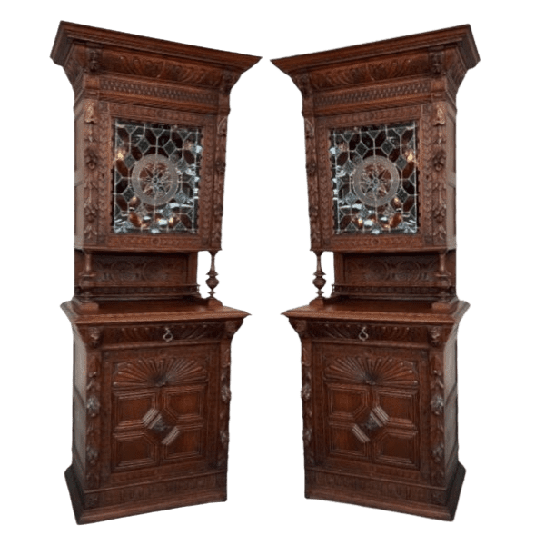 Pair of European Carved Oak Gothic Glazed Cabinets