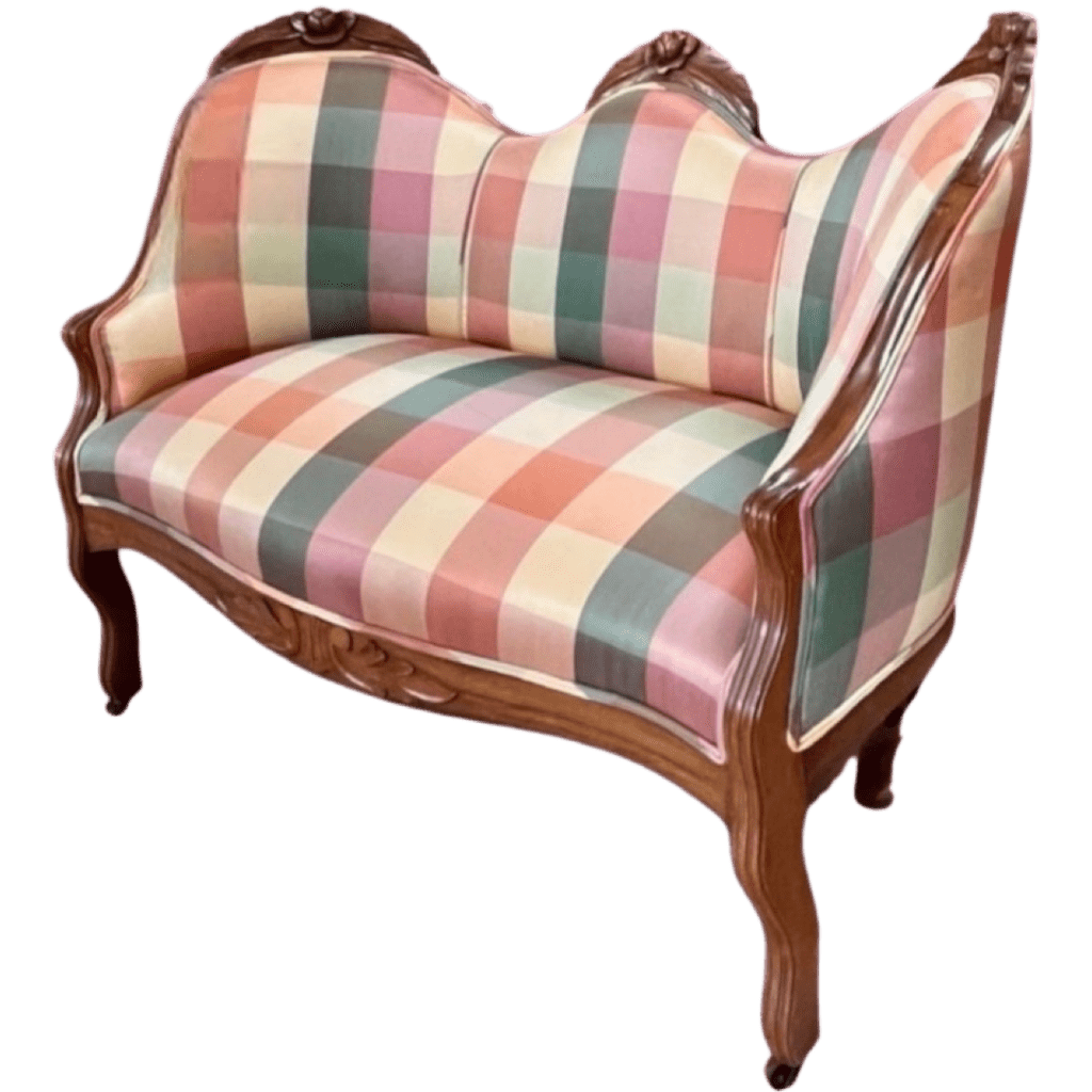 Victorian Style Walnut And Pastel Plaid Diminutive Sofa victorian-style-walnut-and-pastel-plaid-diminutive-sofa