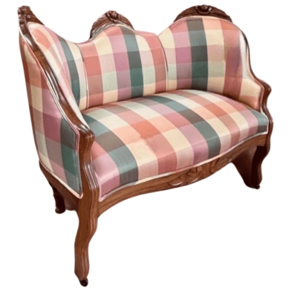 Victorian Style Walnut and Pastel Plaid Diminutive Sofa
