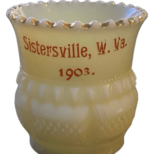 EAPG TOOTHPICK HOLDER IN THE COLUMBIA OR QUIHOTE PATTERN from the souvenir collection. The date is 1903 and the Tarentum Glass Company manufactured it. A Pale yellow, custard glass example from Sisterville W.VA. The original pattern name is Columbia also known as the Quihote Pattern.t EAPG stands for Early American Pattern Glass and dates between 1850 -1914. Lastly, It can now be viewed at Avonlea Antiques and Interiors.