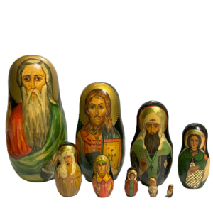 Nine piece Russian Matryoshka nesting dolls with each doll hand painted with Orthodox iconography on both sides.