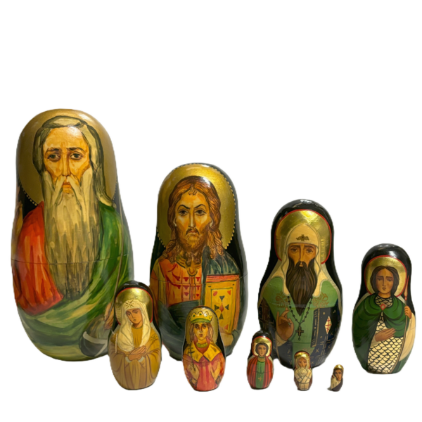 Nine piece Russian Matryoshka nesting dolls with each doll hand painted with Orthodox iconography on both sides.