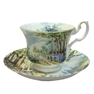 Tea cup and saucer with tree painting, Royal Albert Country Scenes Bluebell Wood pattern.