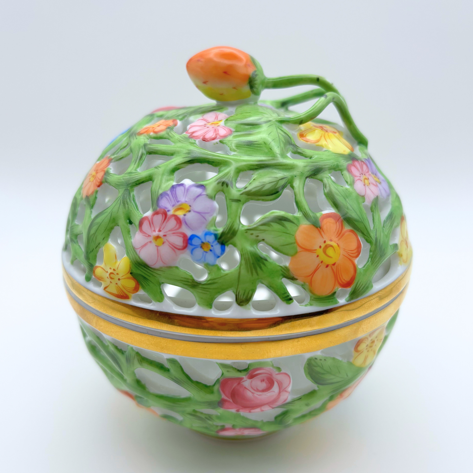 Herend Hungary Porcelain Colorful Reticulated Box with Strawberry Finial (6213/C/BT) - Image 2