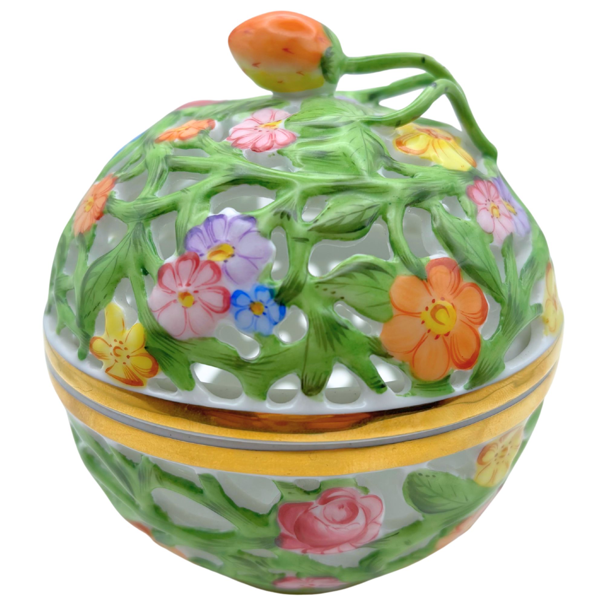 Herend Hungary Porcelain Colorful Reticulated Box with Strawberry Finial (6213/C/BT)