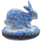 Limoges France “Herend Style” Blue and White Scales Porcelain Rabbit Trinket Box