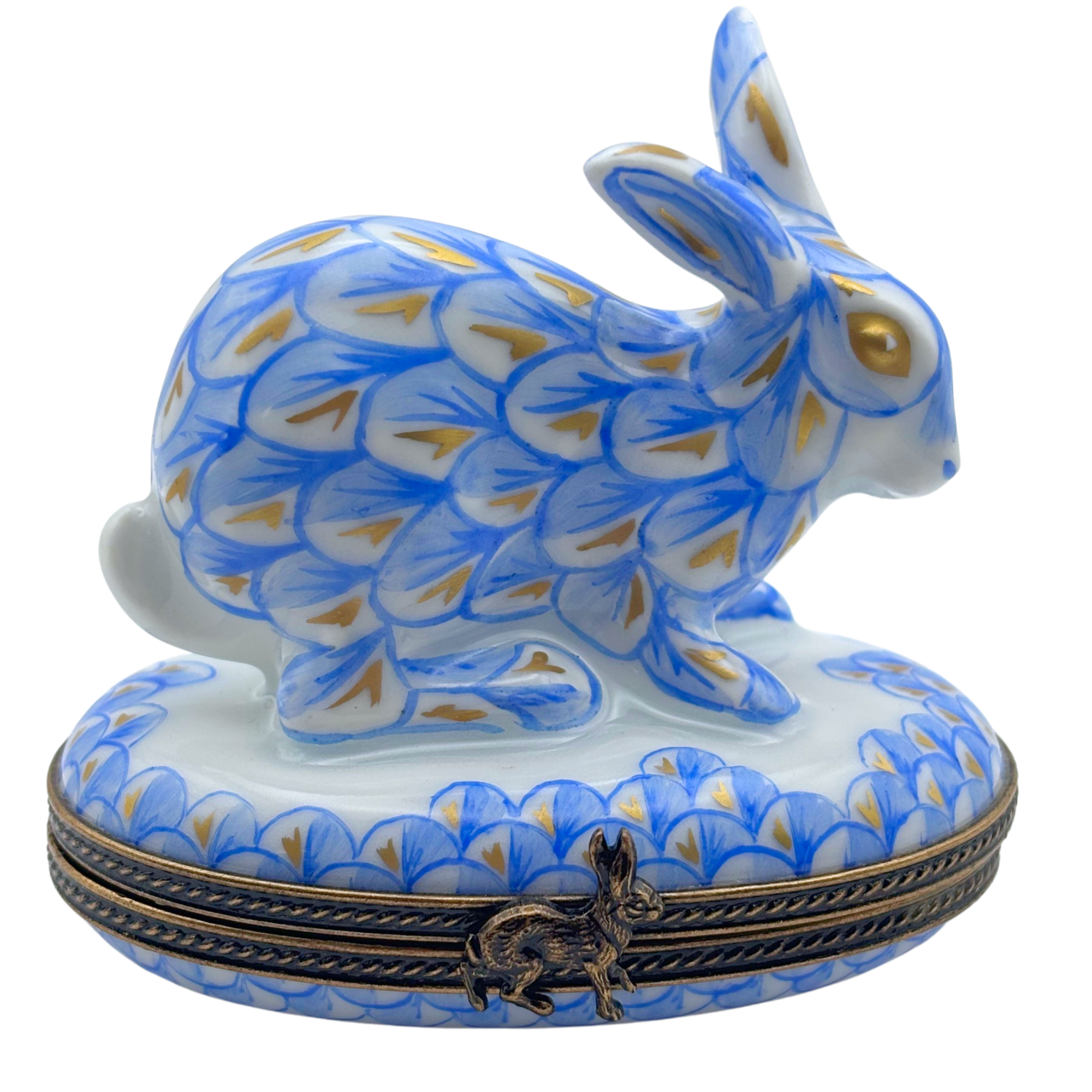 Limoges France “Herend Style” Blue and White Scales Porcelain Rabbit Trinket Box