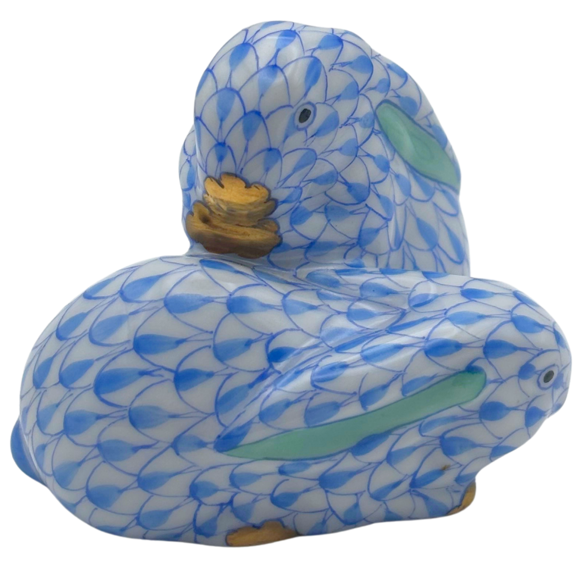 Herend Blue Fishnet Pair of Rabbits Figurine with 14k Gold Accents