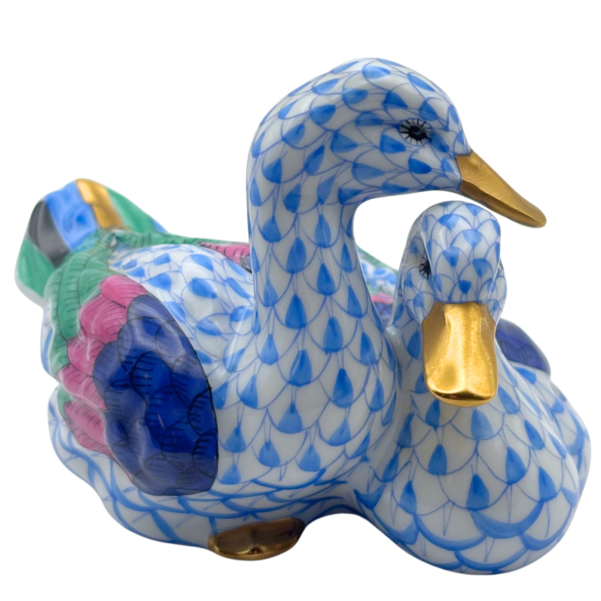 Vieux Herend Pair of Ducks, Blue Fishnet Pattern (VHB)