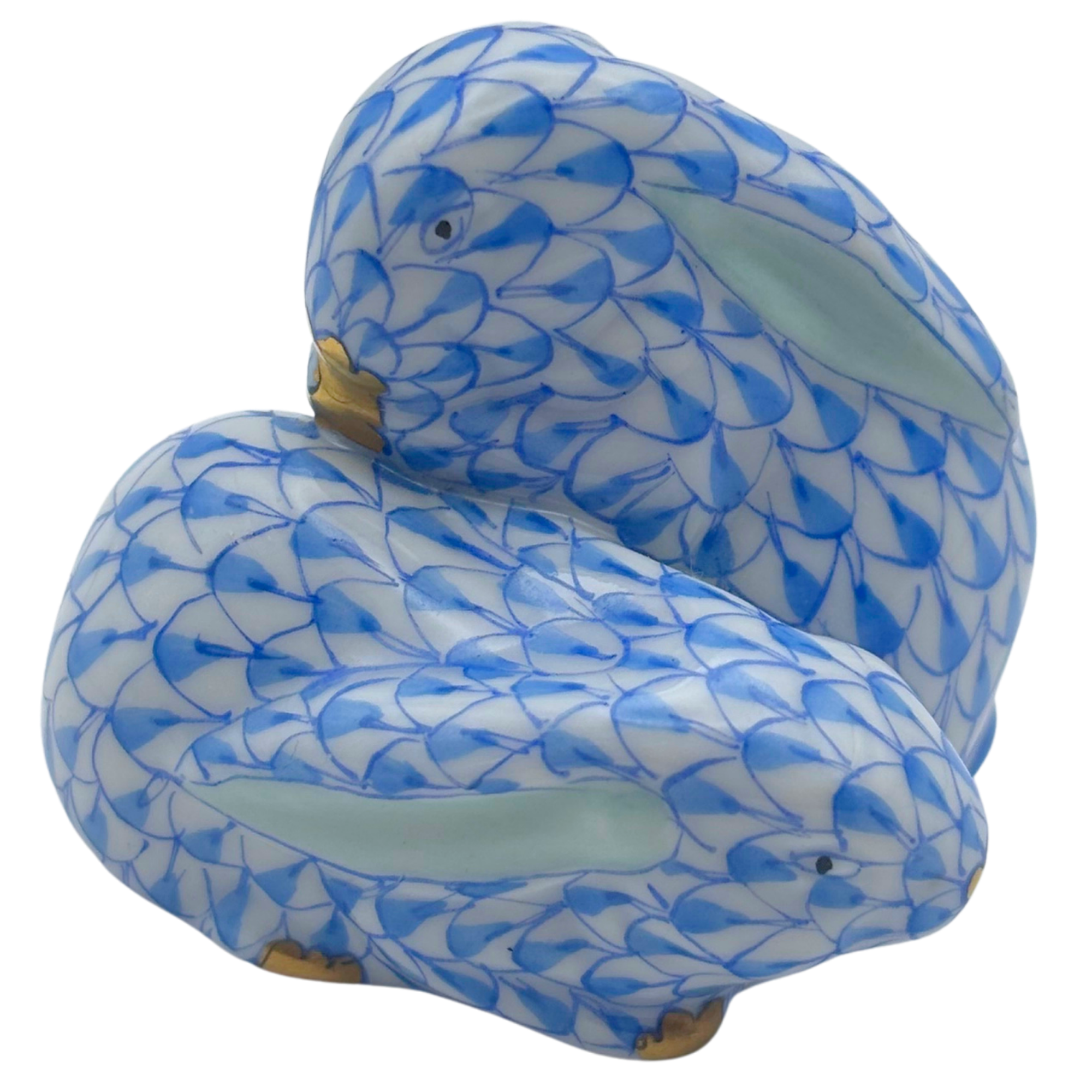 Herend Blue Fishnet Pair of Rabbits Figurine