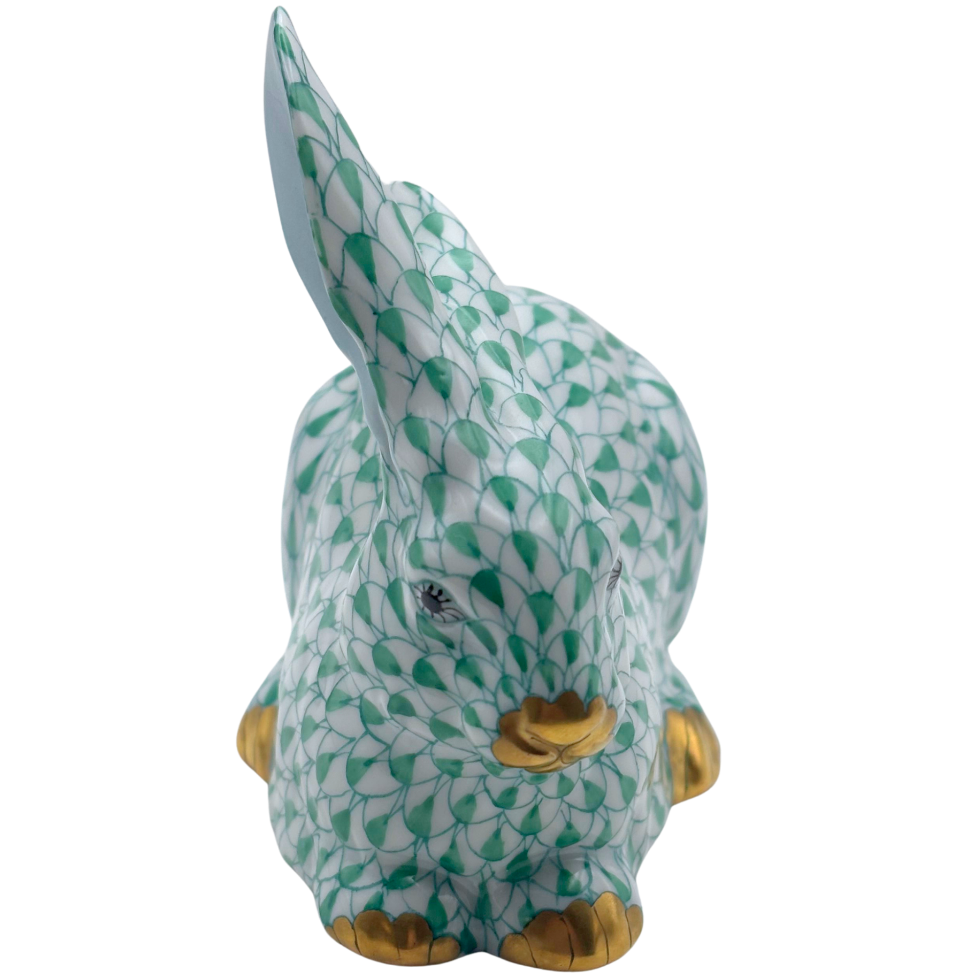 Vieux Herend Lying Rabbit Figurine, Green Fishnet Pattern (VHV) with 24k Gold Accents