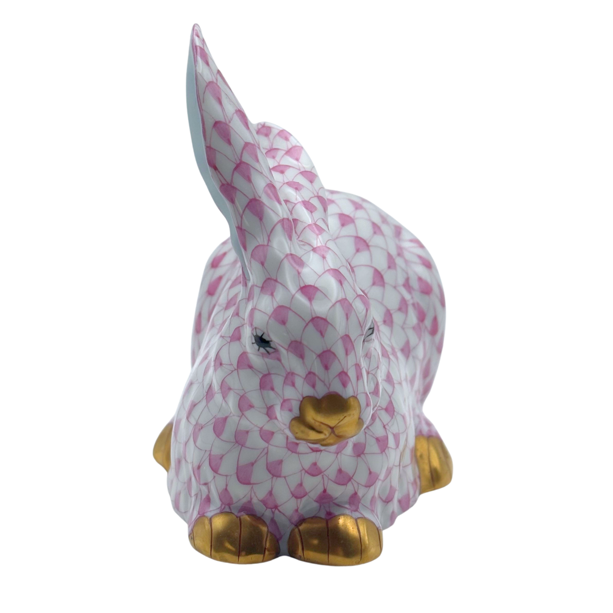 RARE Vieux Herend Lying Rabbit Figurine, Pink Fishnet Pattern (VHP) with 24k Gold Accents