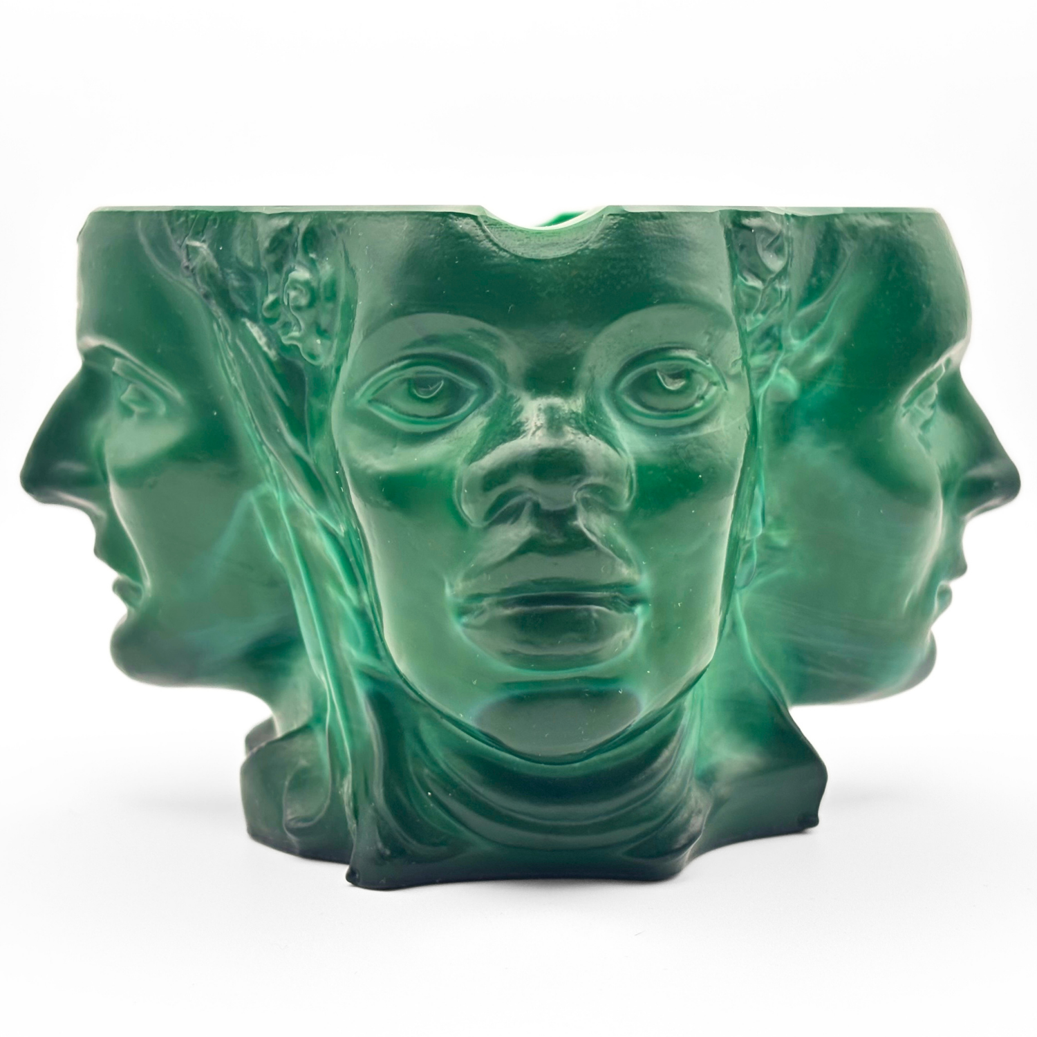 Bohemian Malachite Glass Ashtray “Four Races of Man” Four Face Figural Art Deco - Image 3