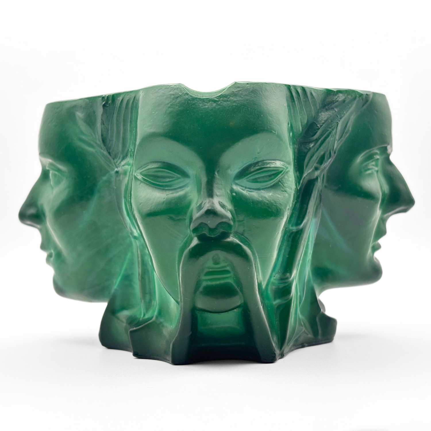 Bohemian Malachite Glass Ashtray “Four Races of Man” Four Face Figural Art Deco - Image 4