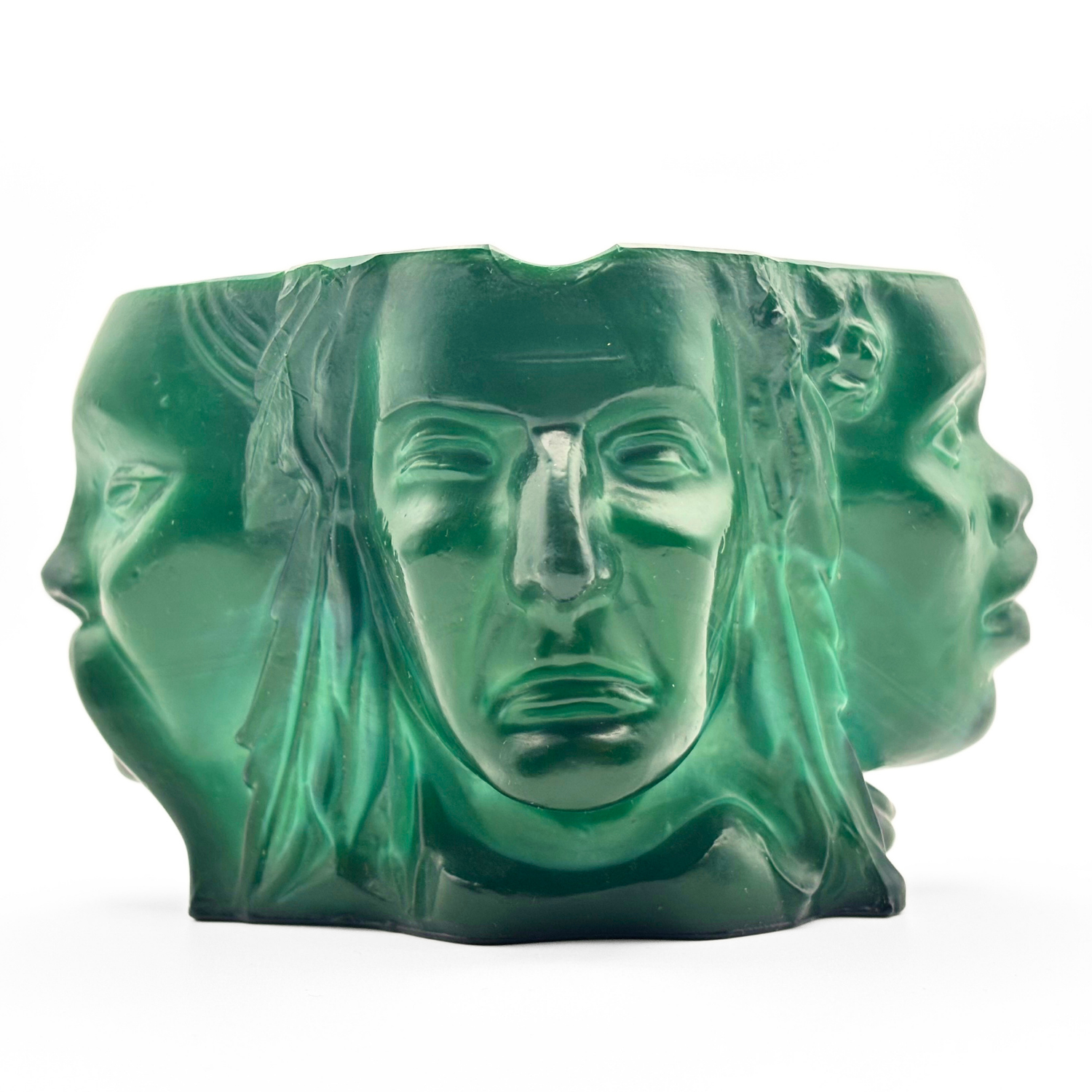 Bohemian Malachite Glass Ashtray “Four Races of Man” Four Face Figural Art Deco - Image 5