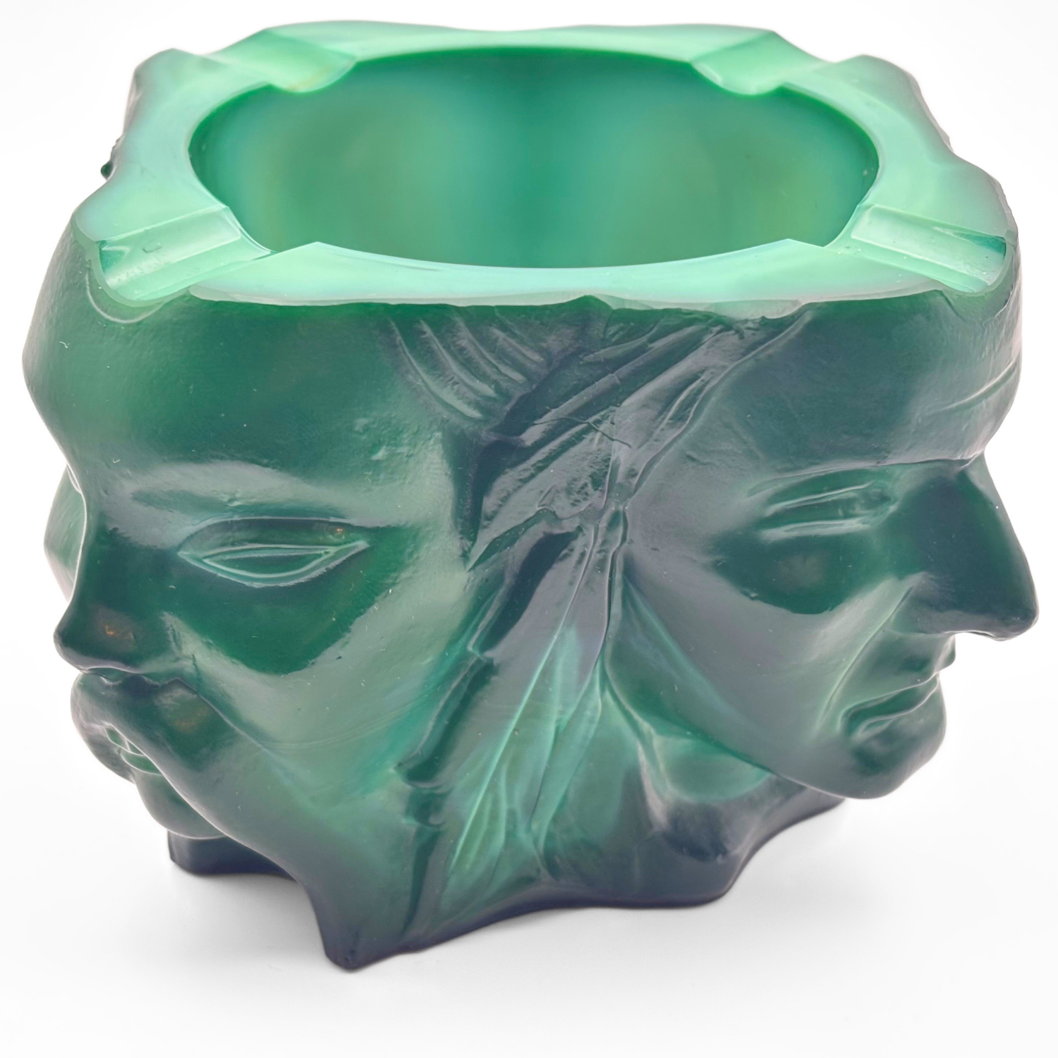 Bohemian Malachite Glass Ashtray “Four Races of Man” Four Face Figural Art Deco - Image 9