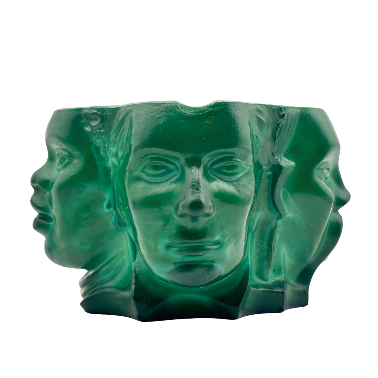 Bohemian Malachite Glass Ashtray “Four Races of Man” Four Face Figural Art Deco