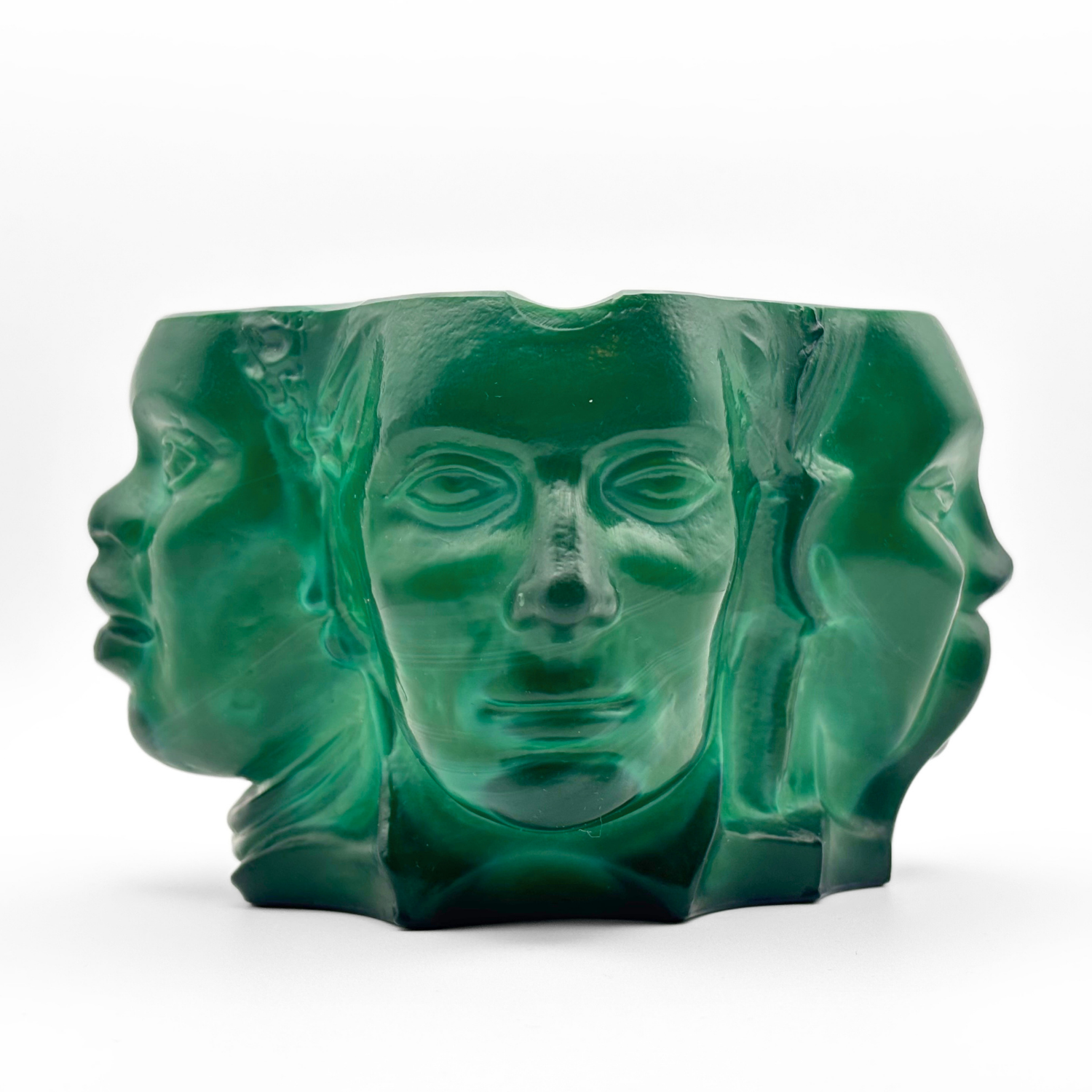 Bohemian Malachite Glass Ashtray “Four Races of Man” Four Face Figural Art Deco - Image 2