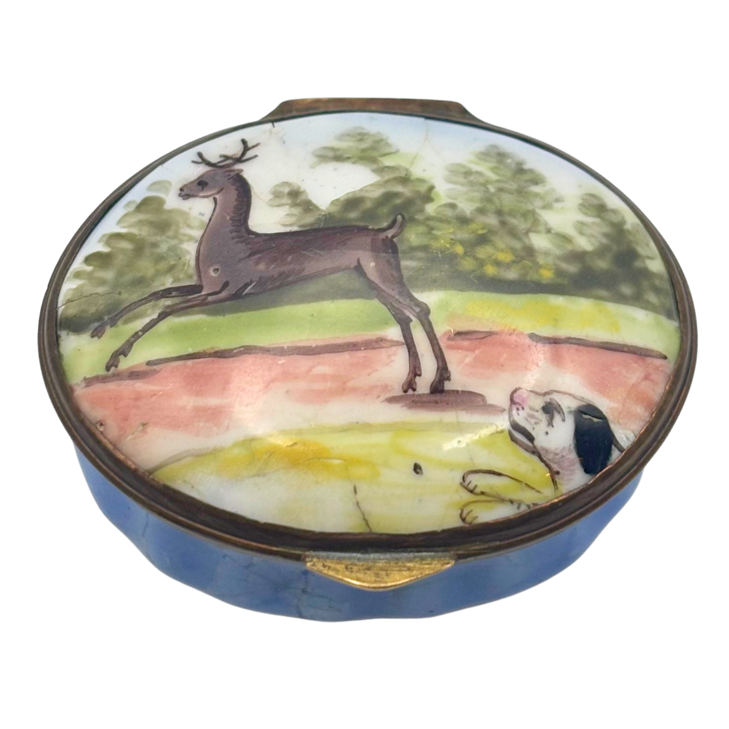 Antique Georgian Bilston Enamel Patchbox c. 1780 Deer Hound Hunting Scene