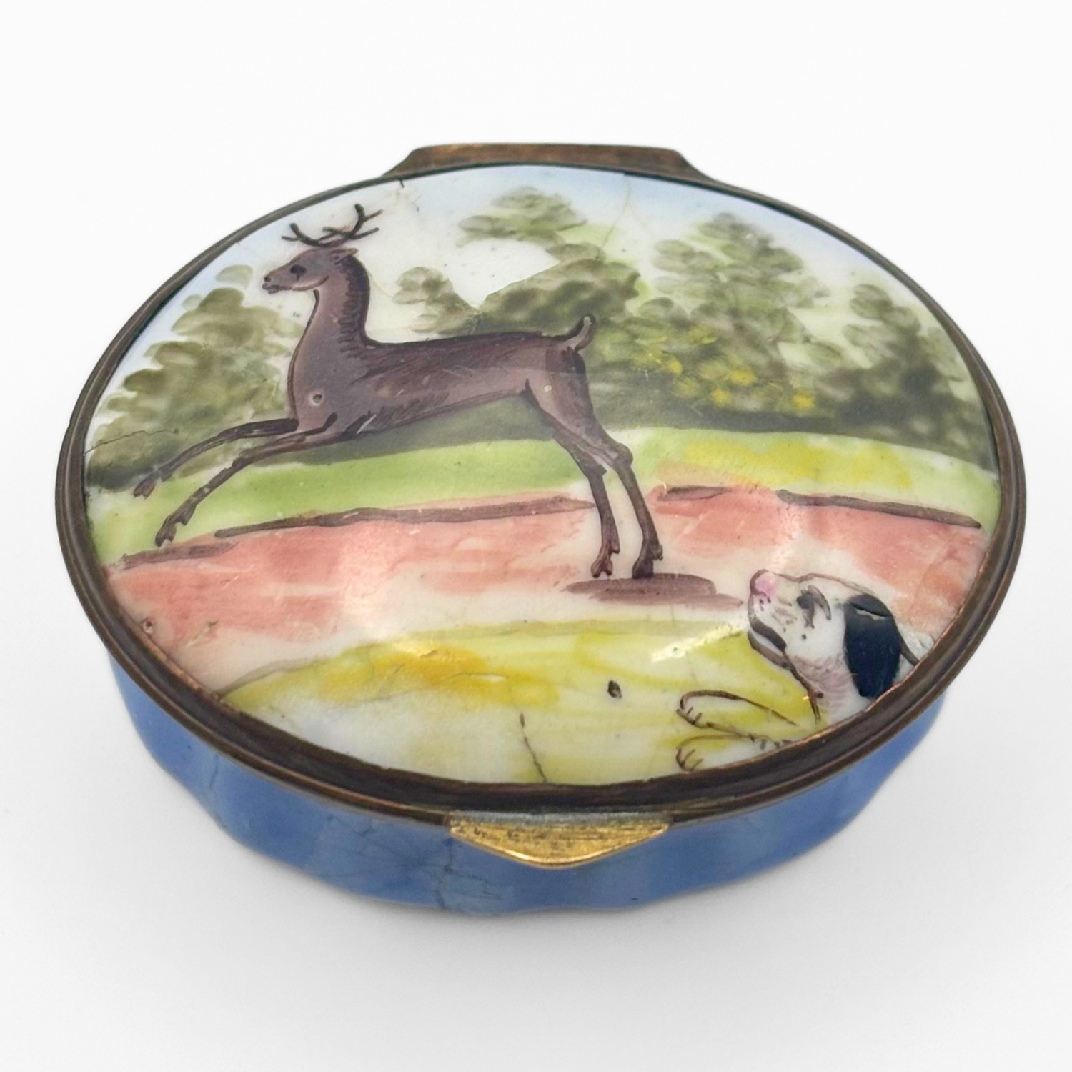 Antique Georgian Bilston Enamel Patchbox c. 1780 Deer Hound Hunting Scene - Image 2