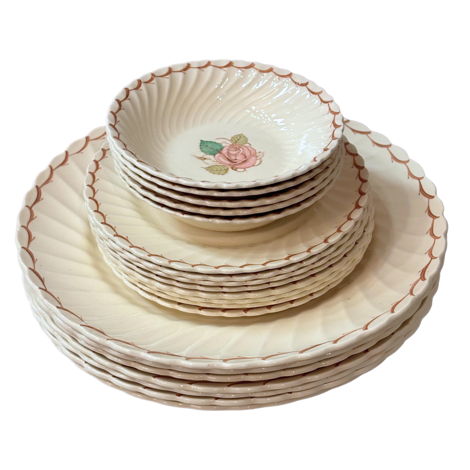 Susie Cooper - “Patricia” Pattern - Antique 61-Piece China Set - Scalloped with Rose Center & Brown Swag
