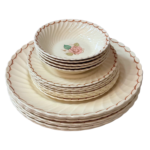 Susie Cooper - “Patricia” Pattern - Antique 61-Piece China Set - Scalloped with Rose Center & Brown Swag